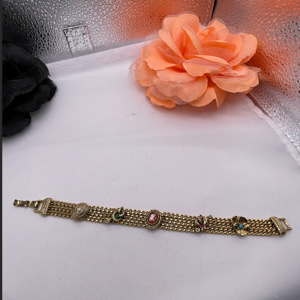 1124236- Rare Goldette Multi-Gold Tone Chain Bracelet With Charms 60$